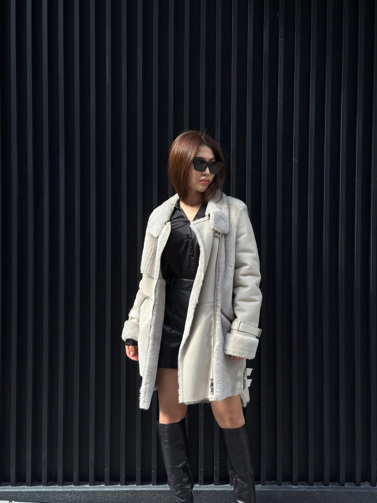 Women’s Beige Shearling Coat, Luxury Lambskin & Mouton Jacket with Python Accents