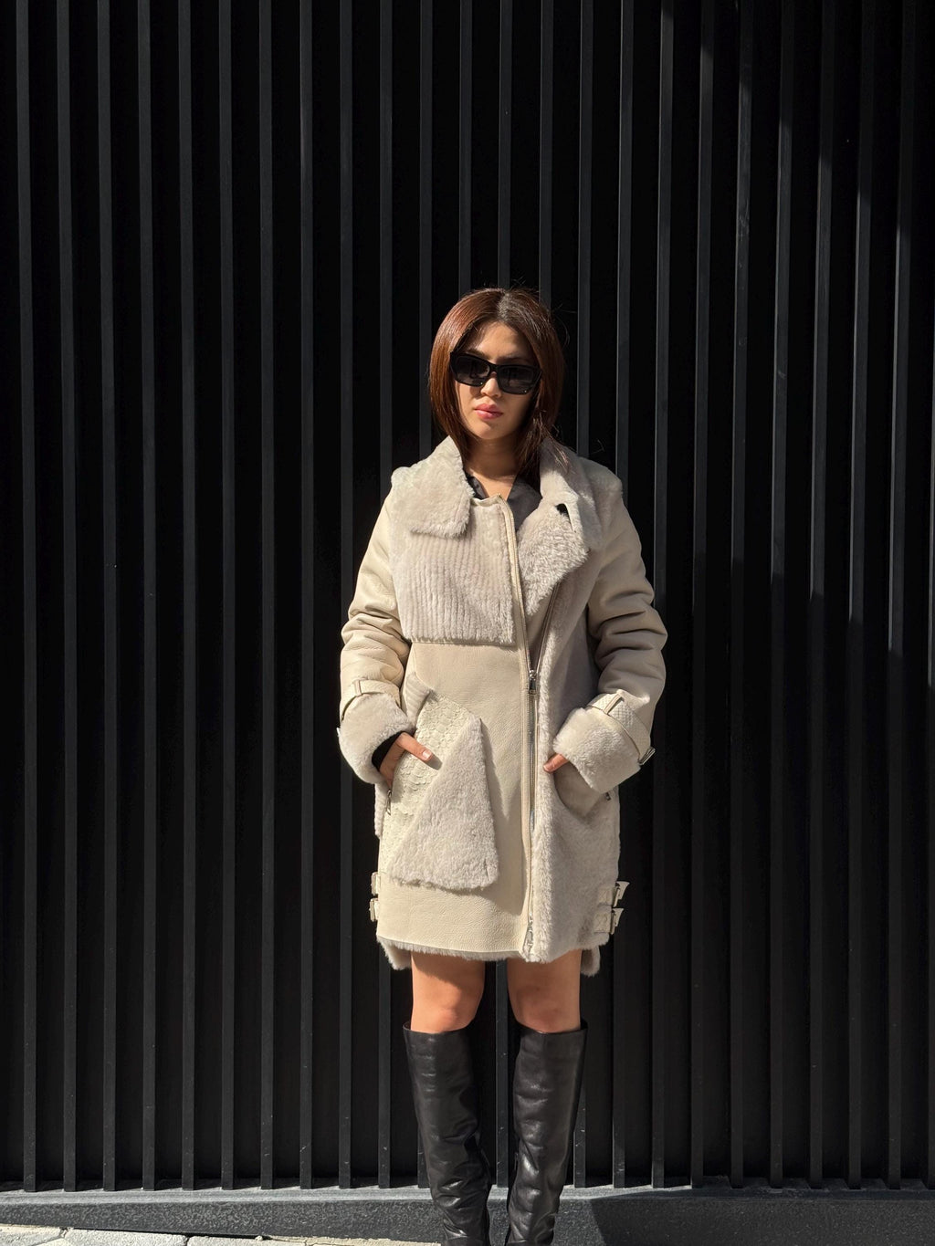 Women’s Beige Shearling Coat, Luxury Lambskin & Mouton Jacket with Python Accents