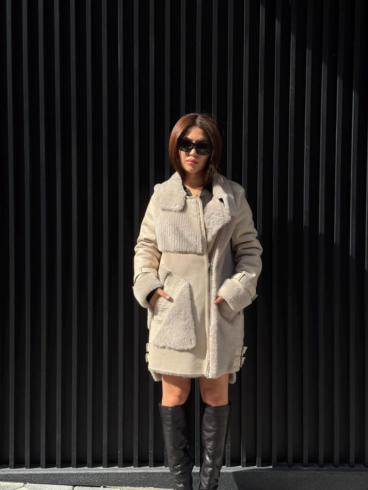 Women’s Beige Shearling Coat, Luxury Lambskin & Mouton Jacket with Python Accents