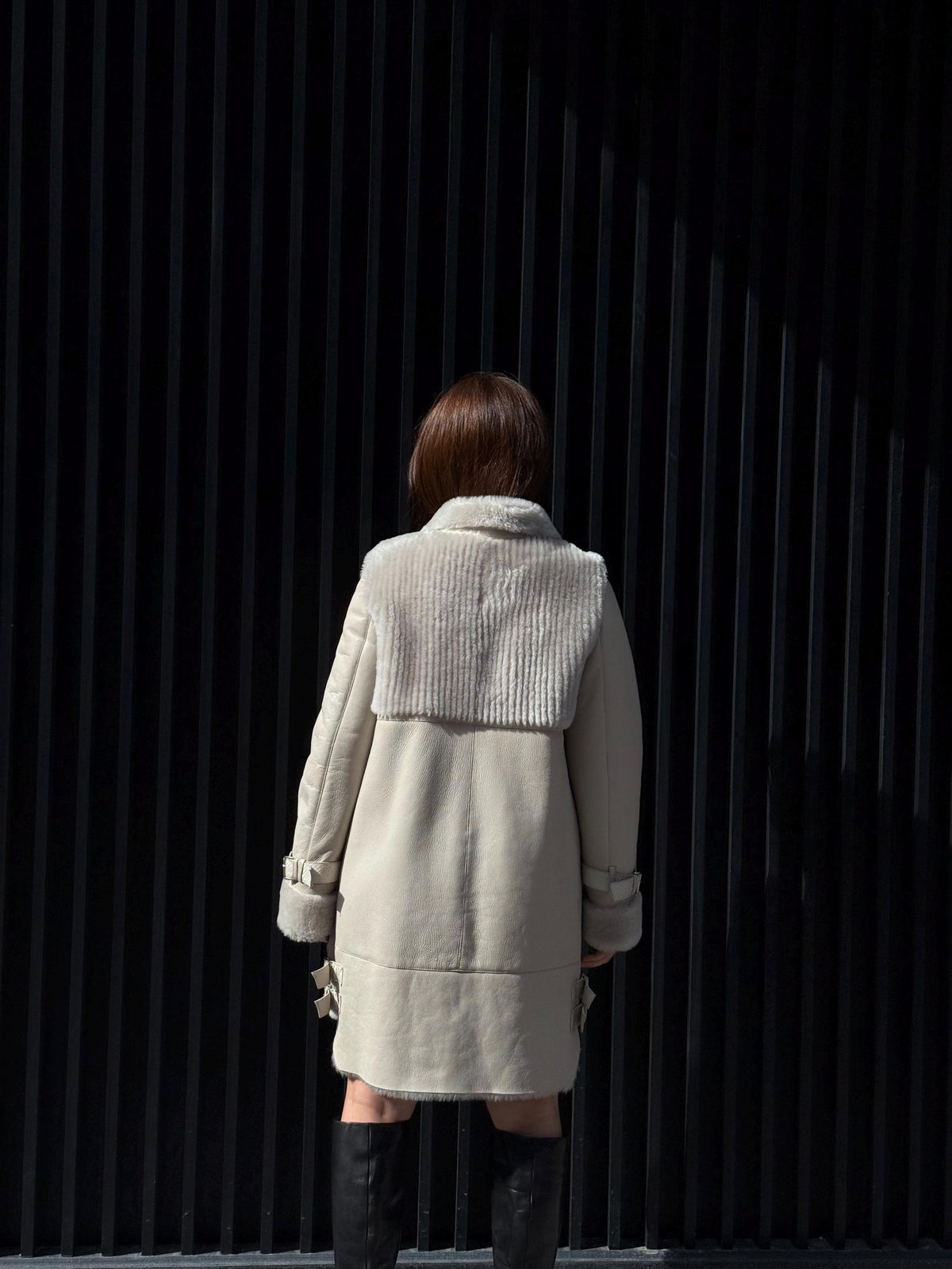 Women’s Beige Shearling Coat, Luxury Lambskin & Mouton Jacket with Python Accents