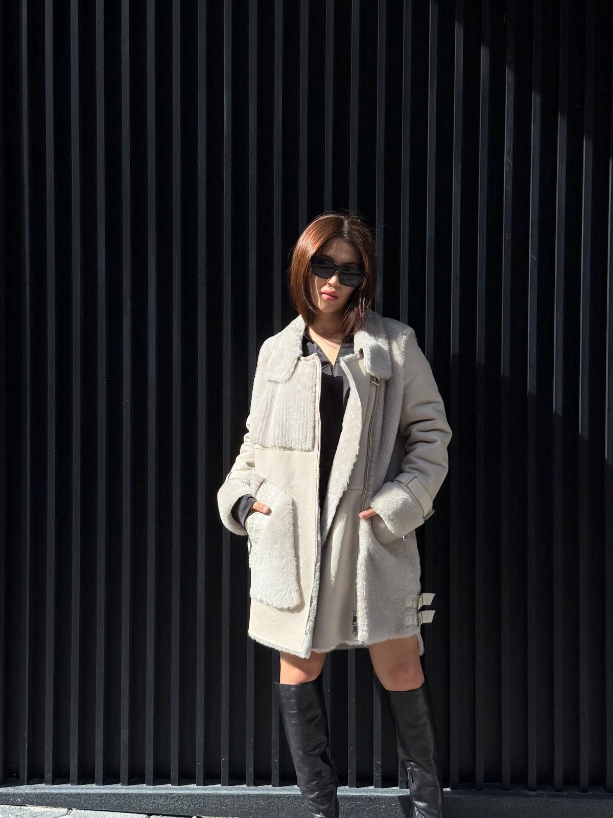 Women’s Beige Shearling Coat, Luxury Lambskin & Mouton Jacket with Python Accents