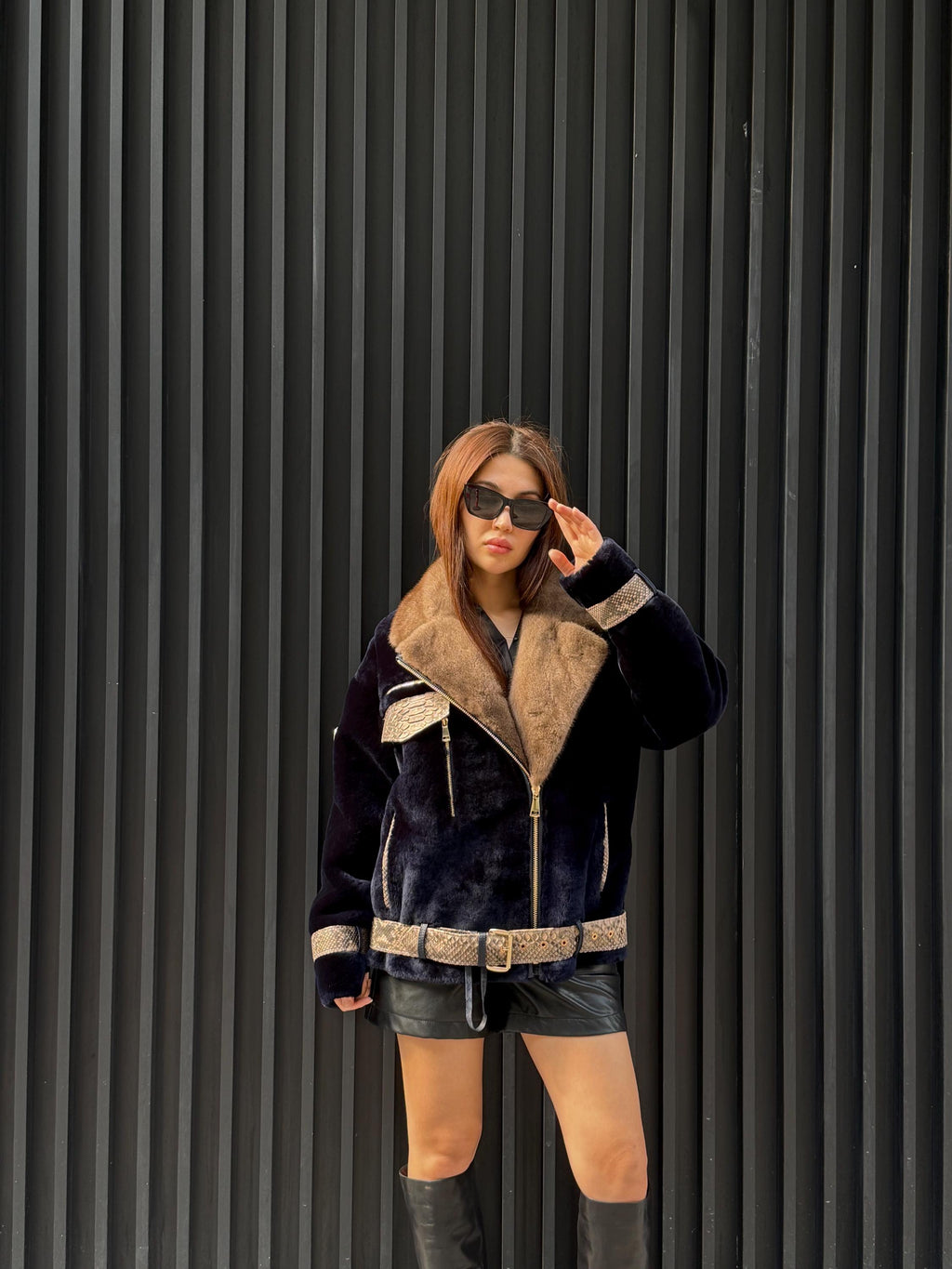 Navy Blue Astrakhan Jacket, Premium Short Women’s Mink - Python Shearling Coat. LIMITED EDITION