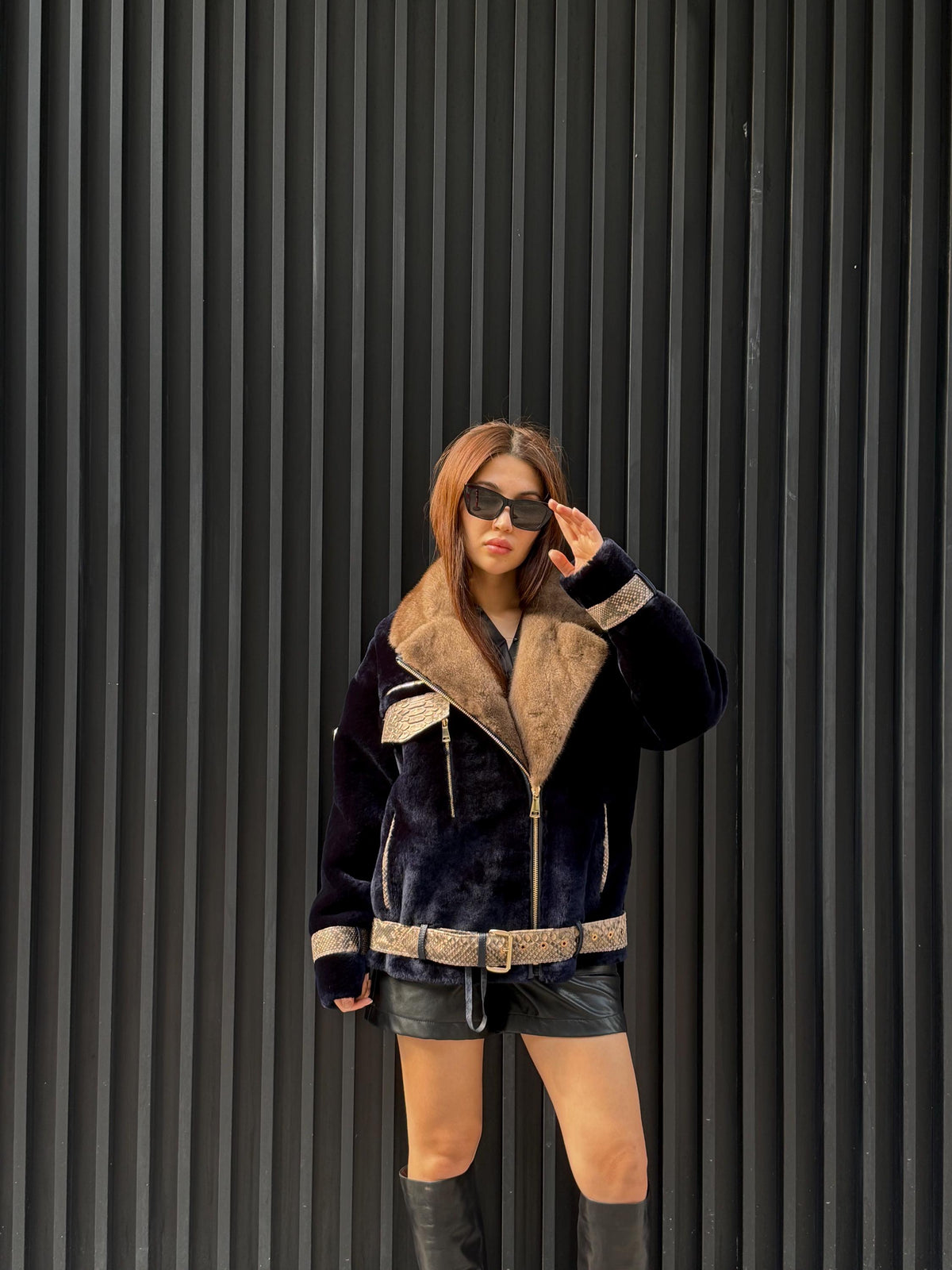 Navy Blue Astrakhan Jacket, Premium Short Women’s Mink - Python Shearling Coat. LIMITED EDITION