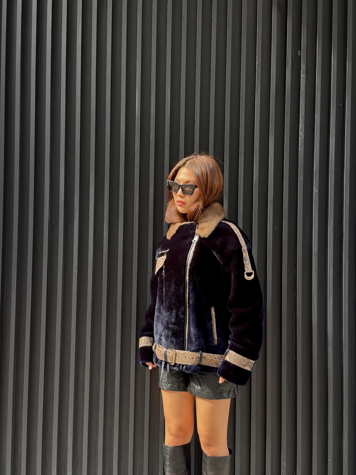 Navy Blue Astrakhan Jacket, Premium Short Women’s Mink - Python Shearling Coat. LIMITED EDITION