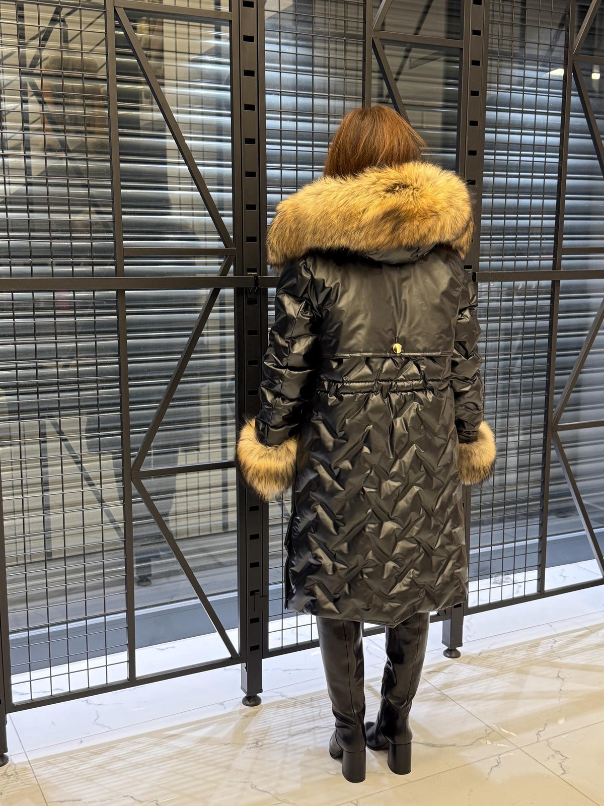 Black Parka Puffer Coat, Women’s Hooded Front Cuffs Raccoon Fox Fur Jacket