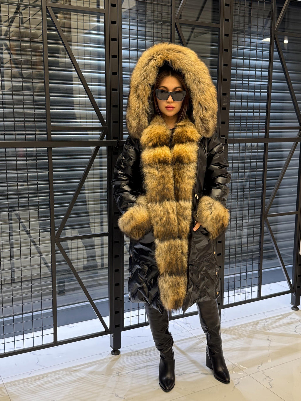 Black Parka Puffer Coat, Women’s Hooded Front Cuffs Raccoon Fox Fur Jacket