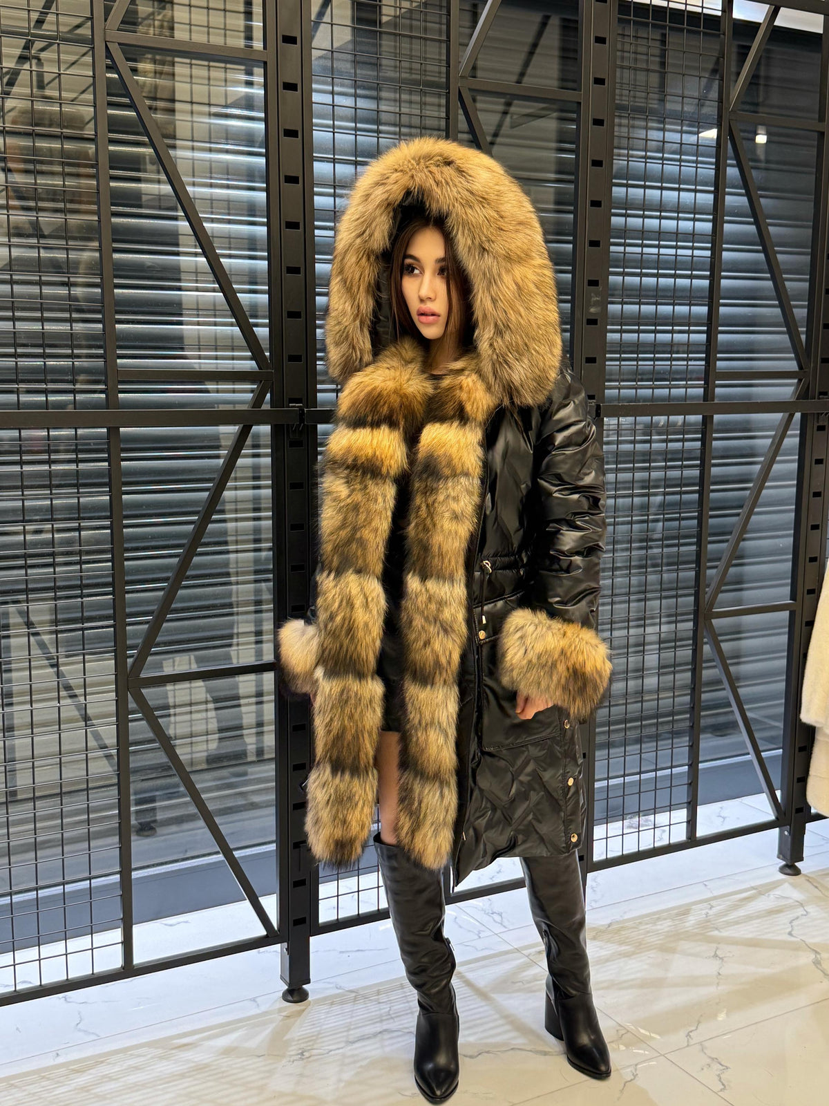 Black Parka Puffer Coat, Women’s Hooded Front Cuffs Raccoon Fox Fur Jacket