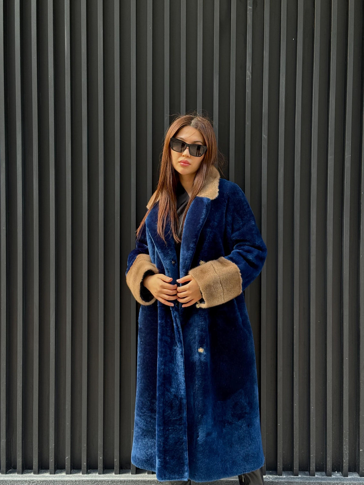 Navy Blue Long Astrakhan Coat, Premium Women’s Collar & Cuffs Mink Fur Shearling Jacket. LIMITED EDITION