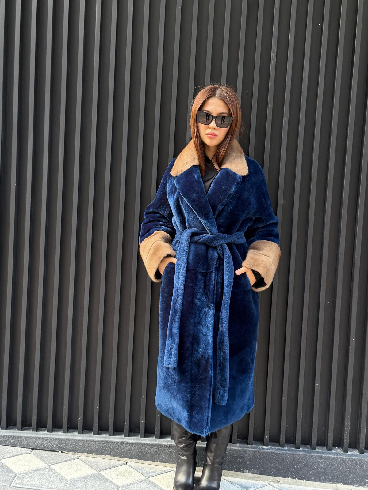 Navy Blue Long Astrakhan Coat, Premium Women’s Collar & Cuffs Mink Fur Shearling Jacket. LIMITED EDITION