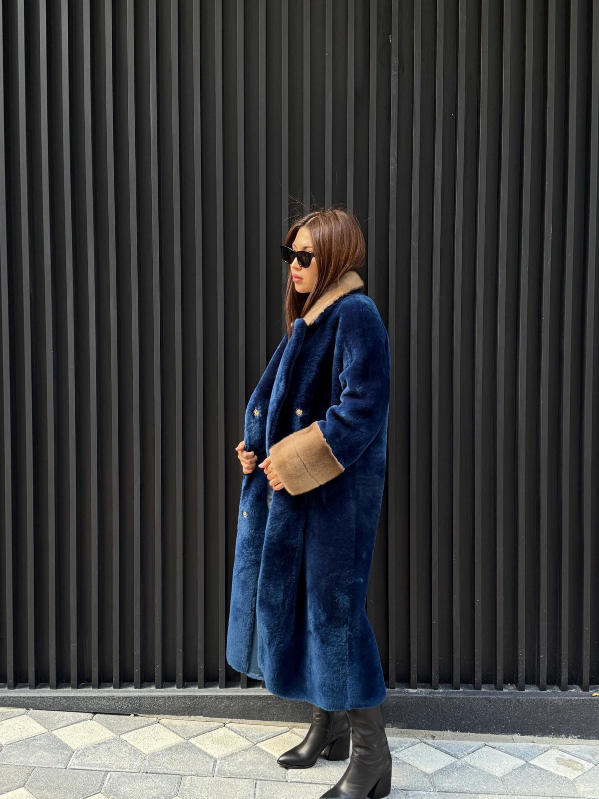 Navy Blue Long Astrakhan Coat, Premium Women’s Collar & Cuffs Mink Fur Shearling Jacket. LIMITED EDITION