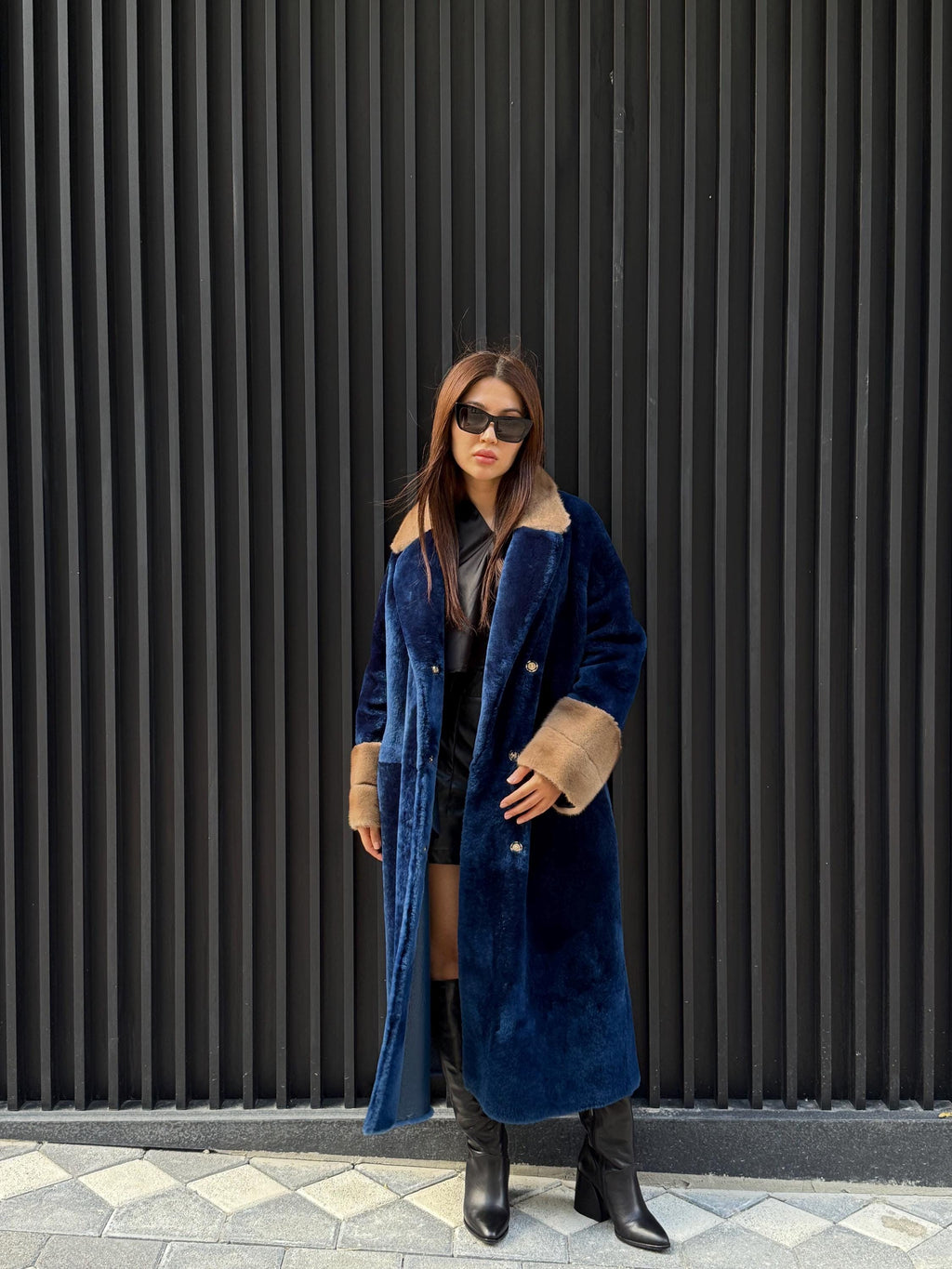 Navy Blue Long Astrakhan Coat, Premium Women’s Collar & Cuffs Mink Fur Shearling Jacket. LIMITED EDITION