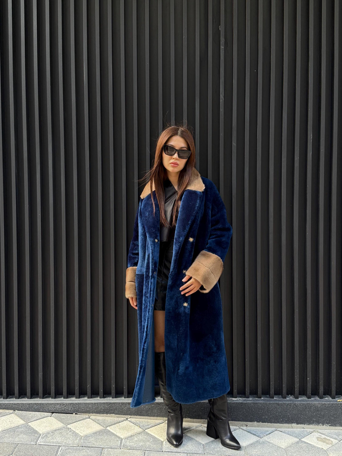 Navy Blue Long Astrakhan Coat, Premium Women’s Collar & Cuffs Mink Fur Shearling Jacket. LIMITED EDITION
