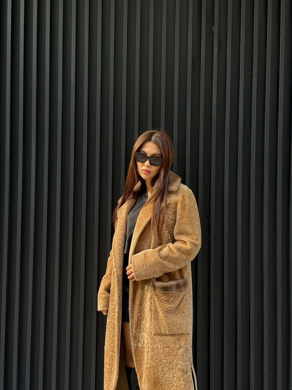 Camel Long Astrakhan Coat, Premium Women’s Collar Mink Fur Shearling Jacket. LIMITED EDITION
