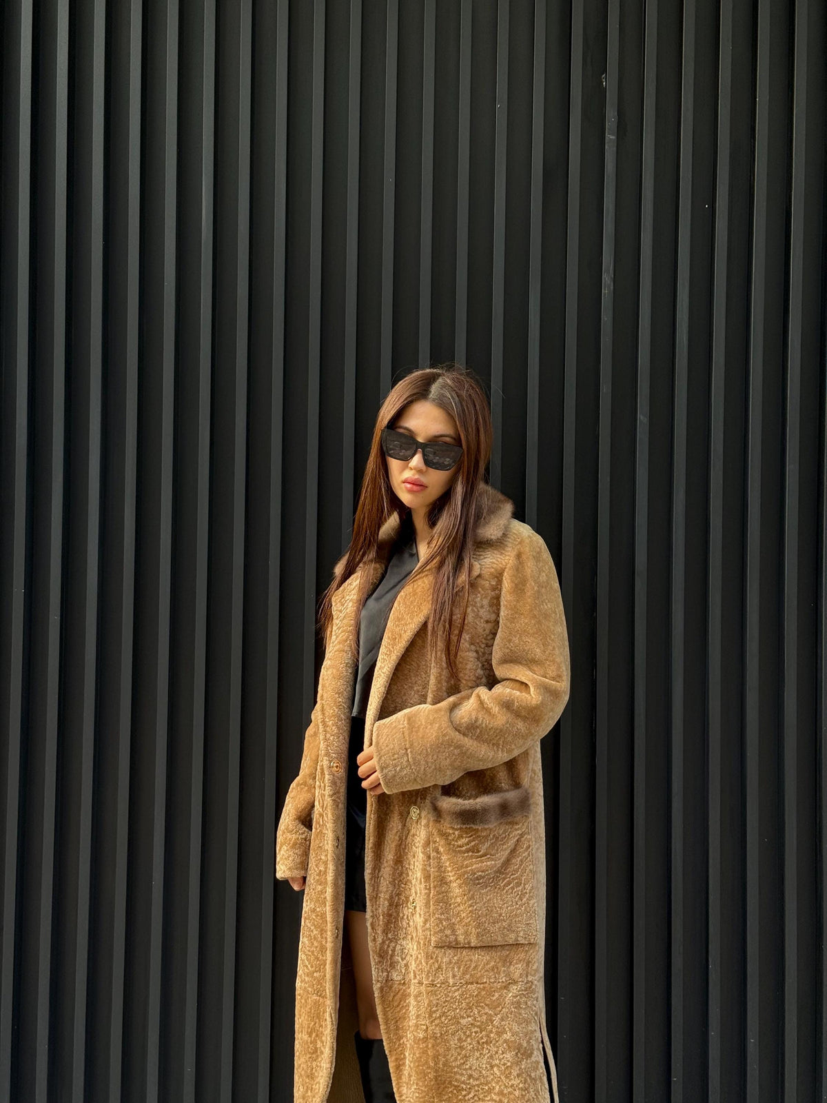 Camel Long Astrakhan Coat, Premium Women’s Collar Mink Fur Shearling Jacket. LIMITED EDITION