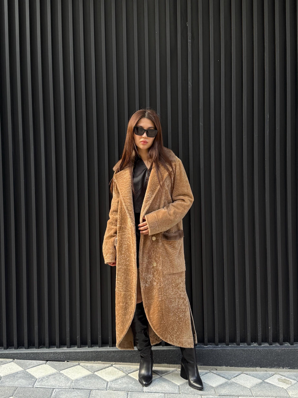 Camel Long Astrakhan Coat, Premium Women’s Collar Mink Fur Shearling Jacket. LIMITED EDITION