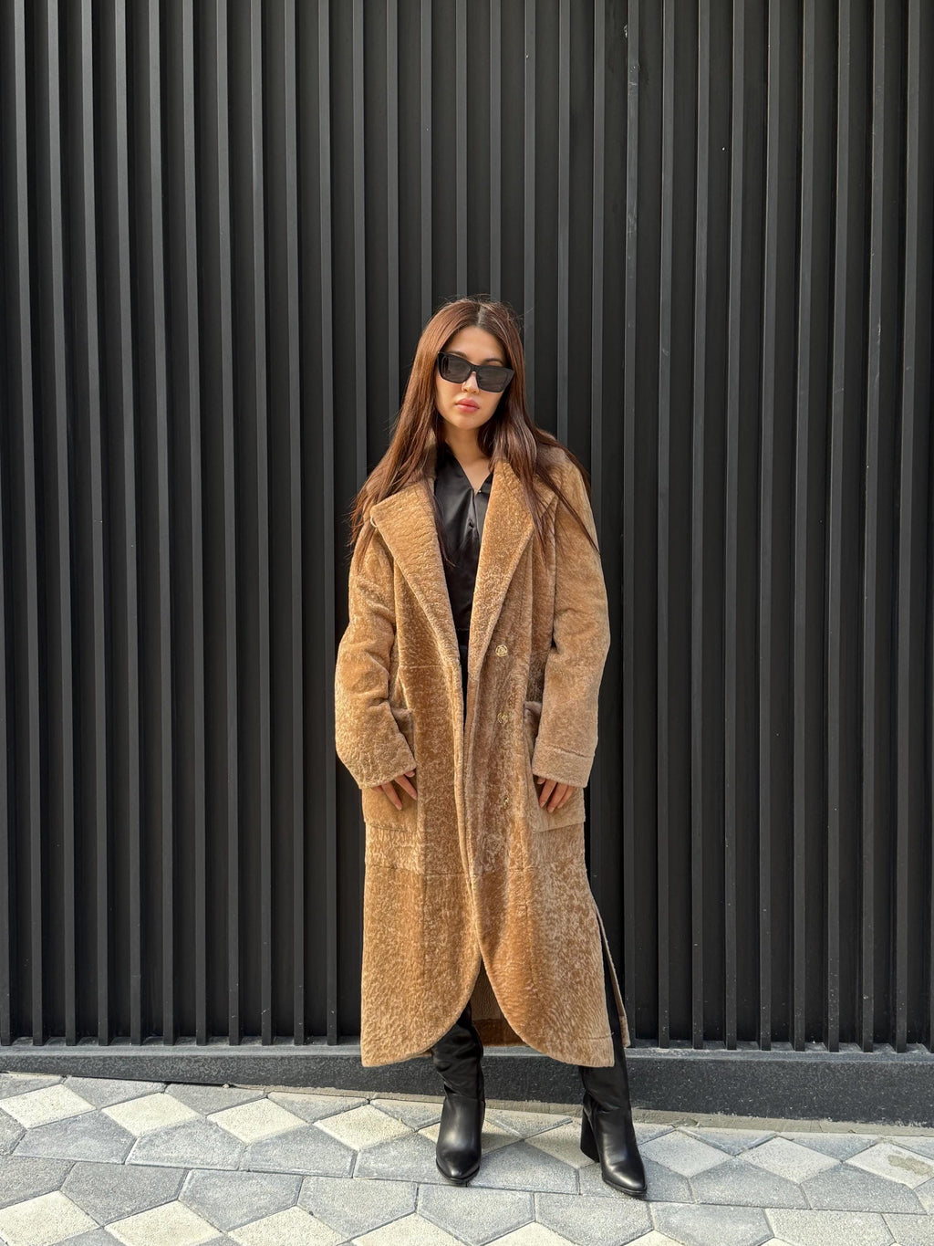 Camel Long Astrakhan Coat, Premium Women’s Collar Mink Fur Shearling Jacket. LIMITED EDITION