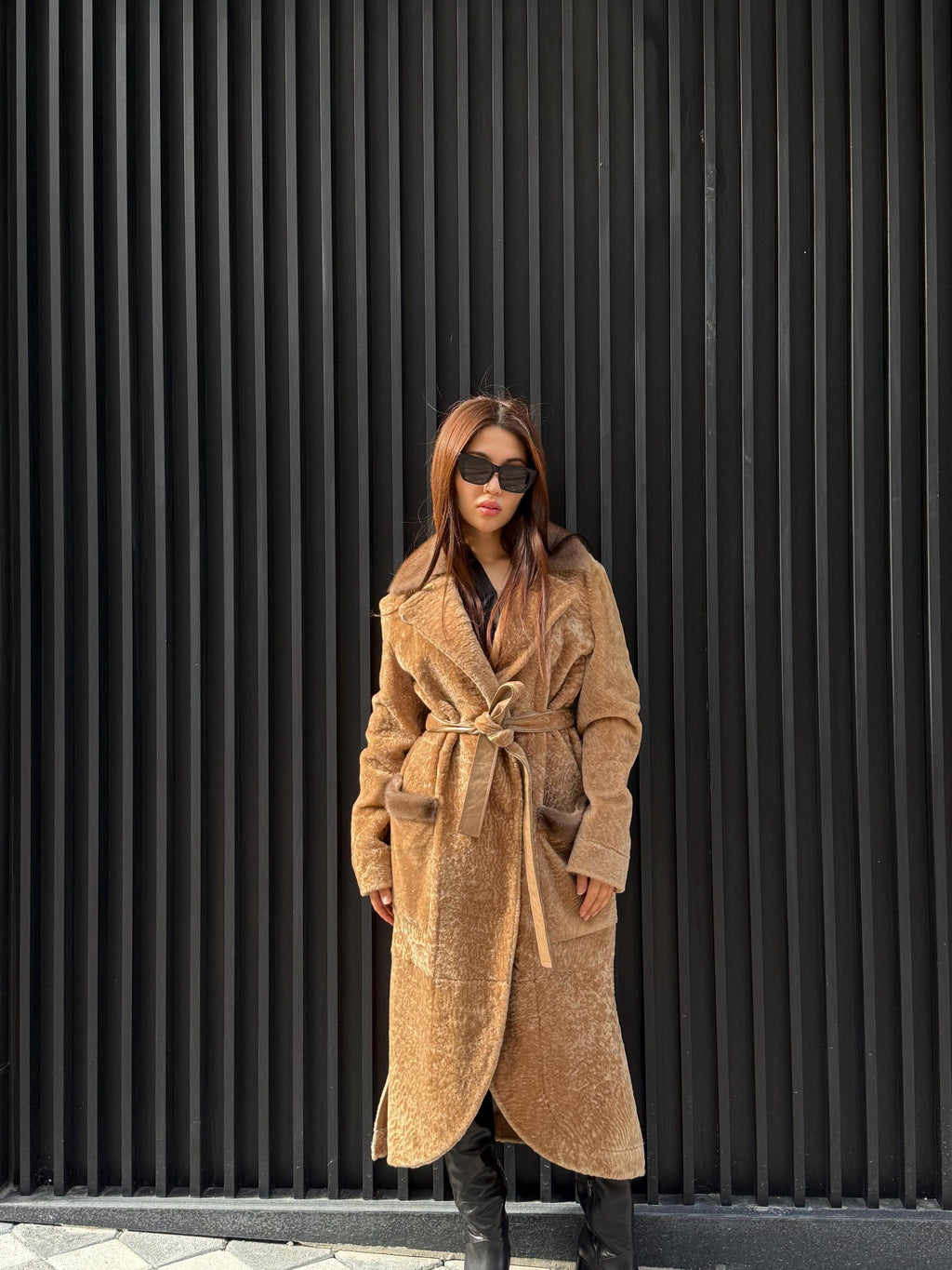 Camel Long Astrakhan Coat, Premium Women’s Collar Mink Fur Shearling Jacket. LIMITED EDITION