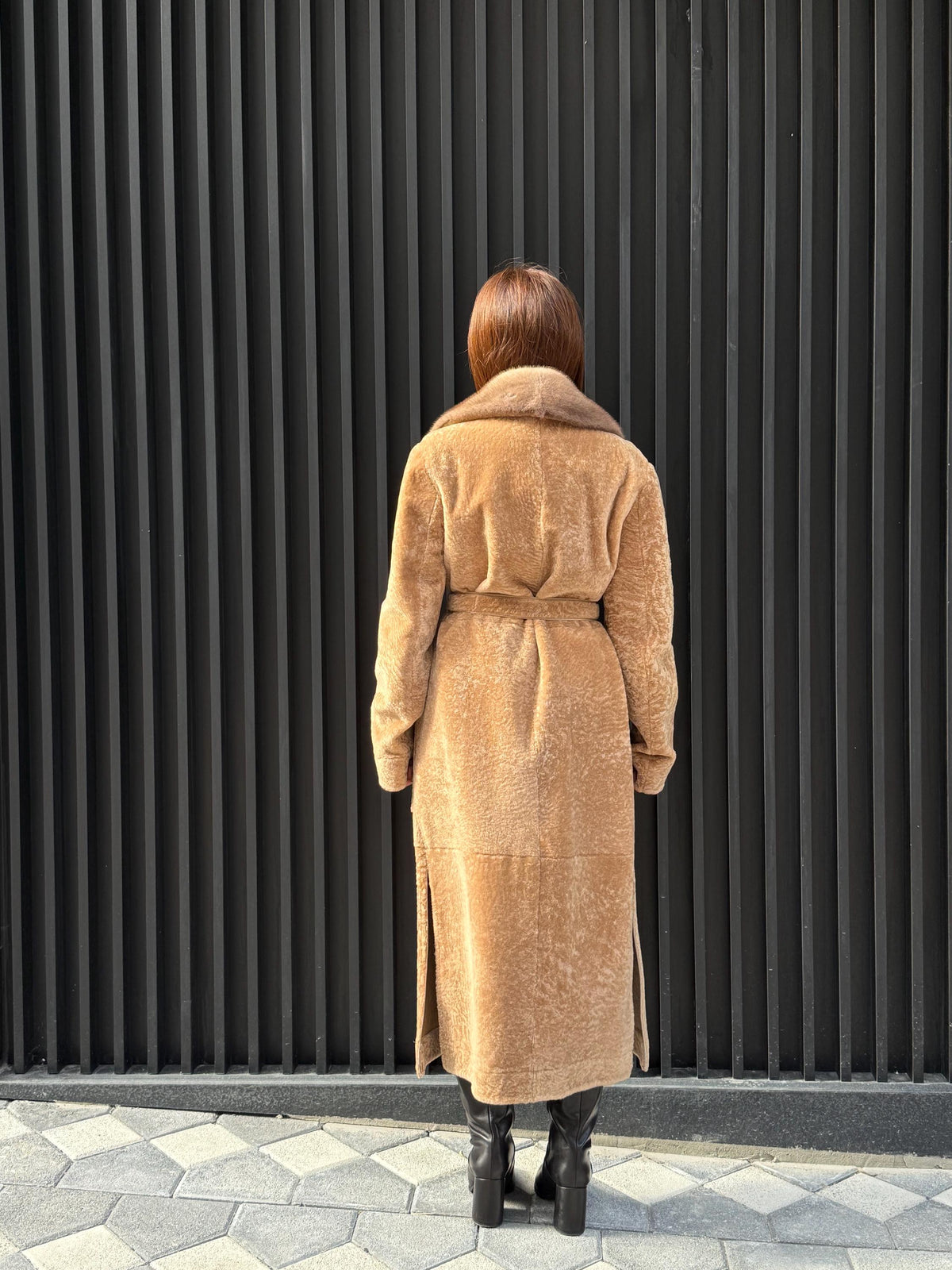 Camel Long Astrakhan Coat, Premium Women’s Collar Mink Fur Shearling Jacket. LIMITED EDITION