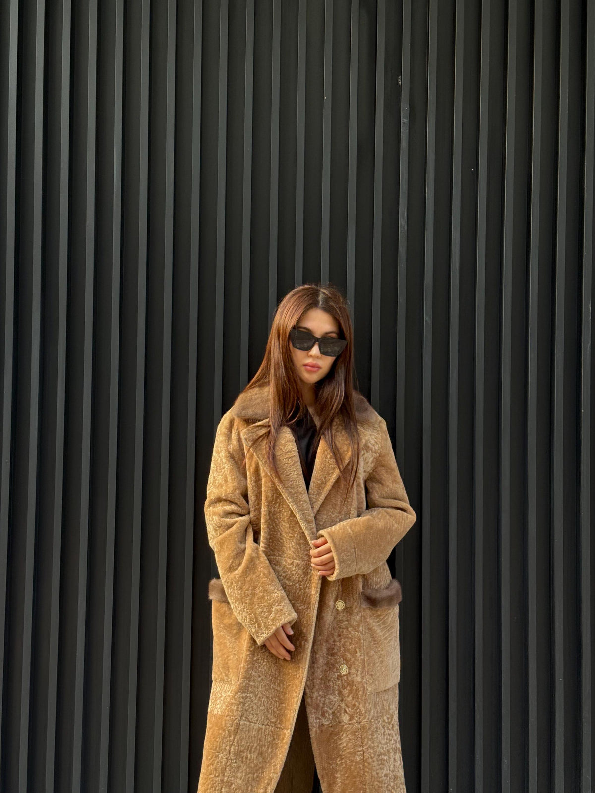Camel Long Astrakhan Coat, Premium Women’s Collar Mink Fur Shearling Jacket. LIMITED EDITION