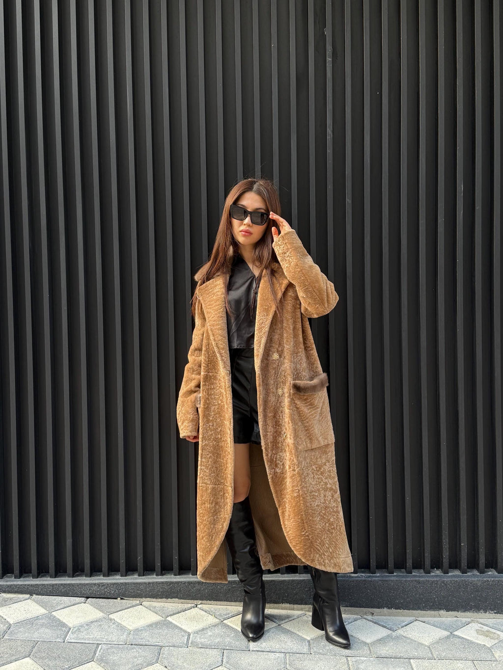 Camel Long Astrakhan Coat, Premium Women’s Collar Mink Fur Shearling Jacket. LIMITED EDITION