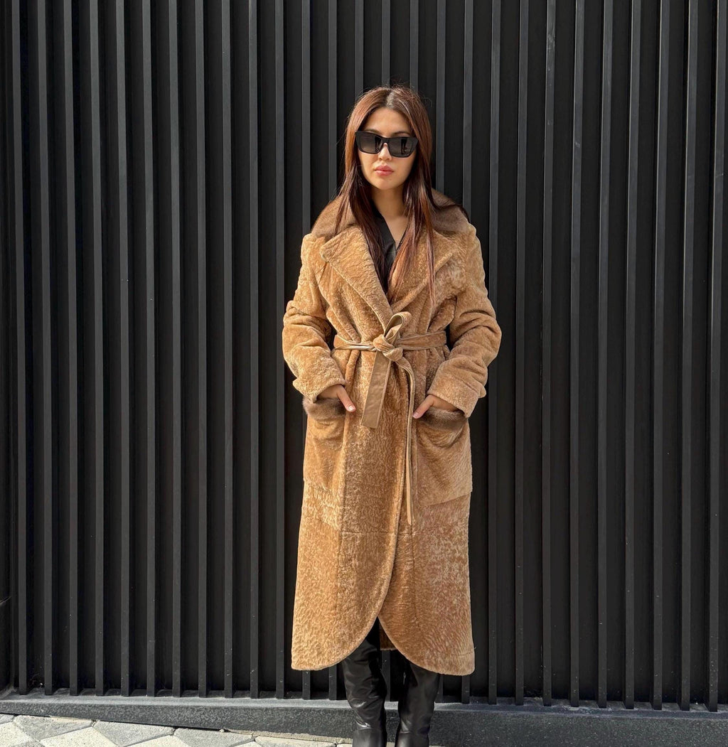 Camel Long Astrakhan Coat, Premium Women’s Collar Mink Fur Shearling Jacket. LIMITED EDITION