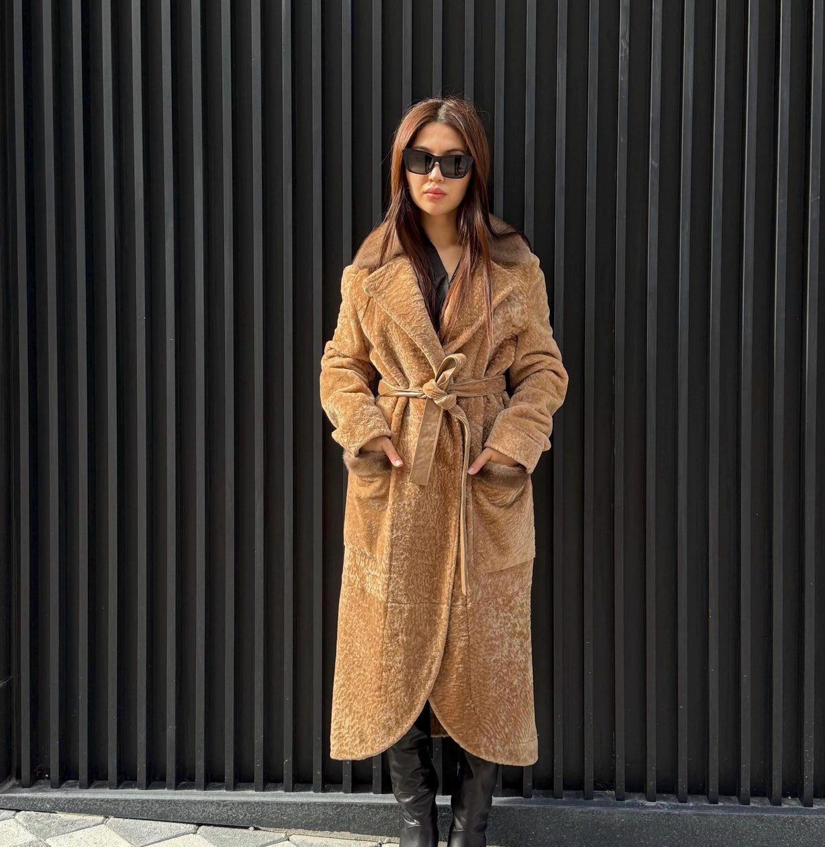 Camel Long Astrakhan Coat, Premium Women’s Collar Mink Fur Shearling Jacket. LIMITED EDITION
