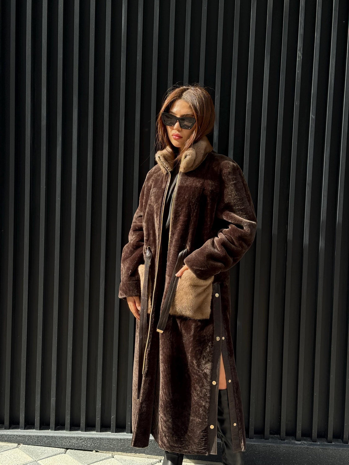 Brown Long Astrakhan Coat, Premium Women’s Mink Fur Shearling Jacket. LIMITED EDITION