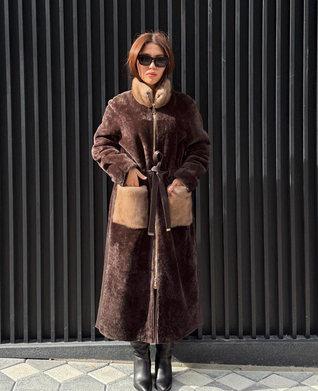 Brown Long Astrakhan Coat, Premium Women’s Mink Fur Shearling Jacket. LIMITED EDITION