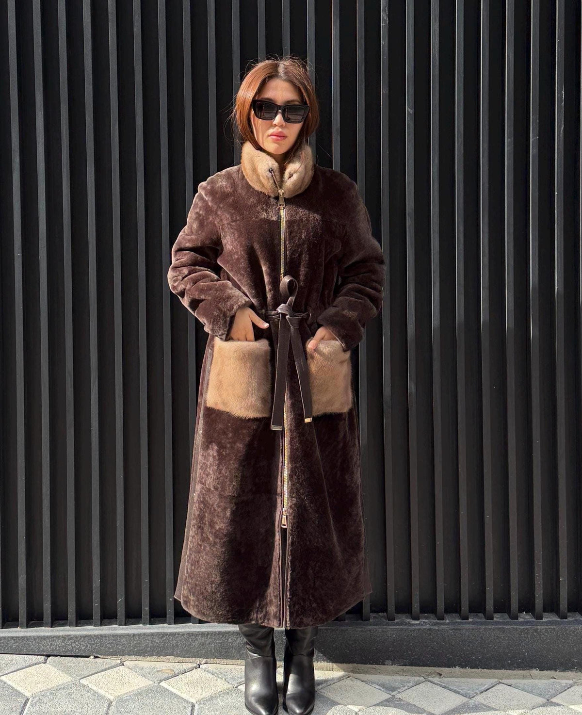 Brown Long Astrakhan Coat, Premium Women’s Mink Fur Shearling Jacket. LIMITED EDITION
