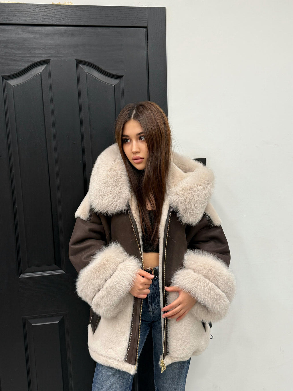 Brown & Beige Shearling Coat, Women’s Hood Cuffs Fox Fur Jacket | Women Lamb Fur Jacket