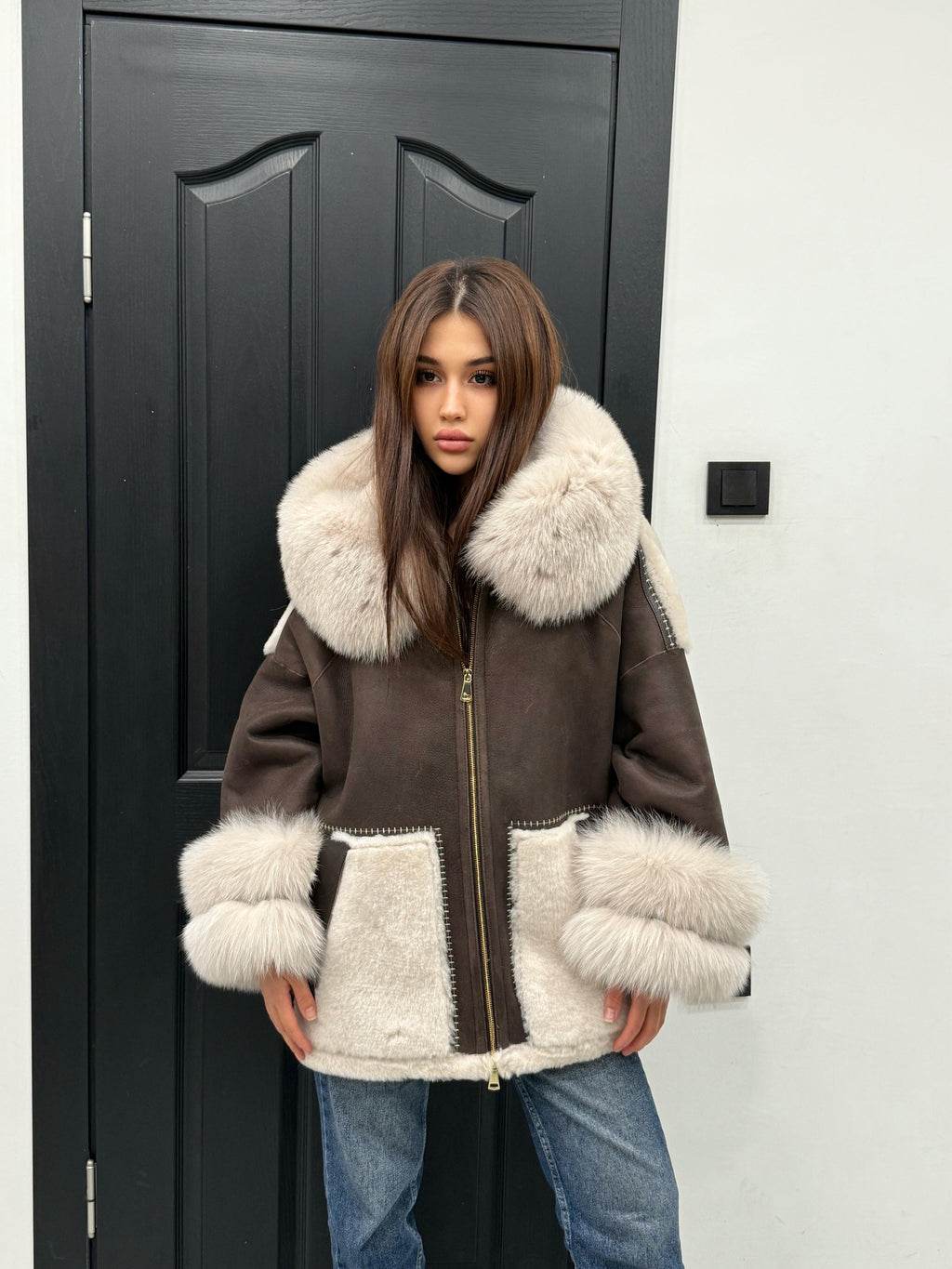 Brown & Beige Shearling Coat, Women’s Hood Cuffs Fox Fur Jacket | Women Lamb Fur Jacket