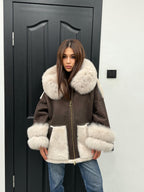 Brown & Beige Shearling Coat, Women’s Hood Cuffs Fox Fur Jacket | Women Lamb Fur Jacket