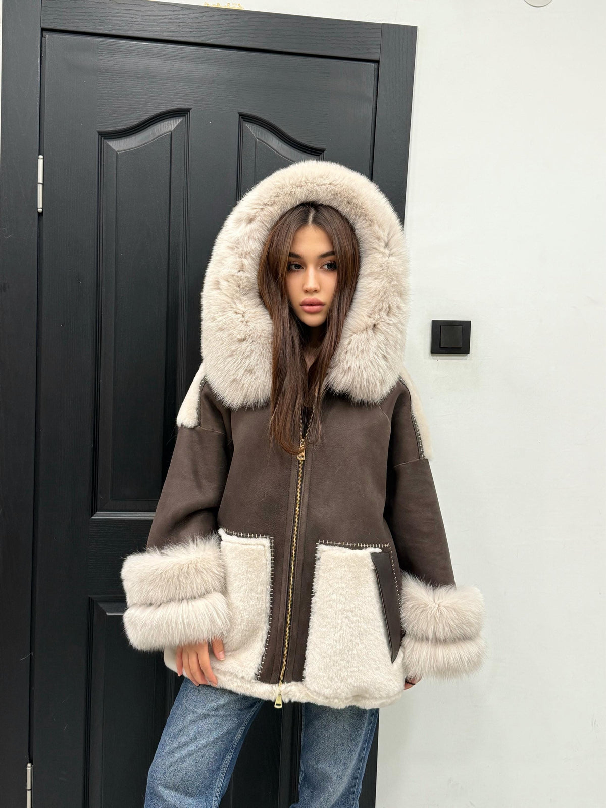 Brown & Beige Shearling Coat, Women’s Hood Cuffs Fox Fur Jacket | Women Lamb Fur Jacket