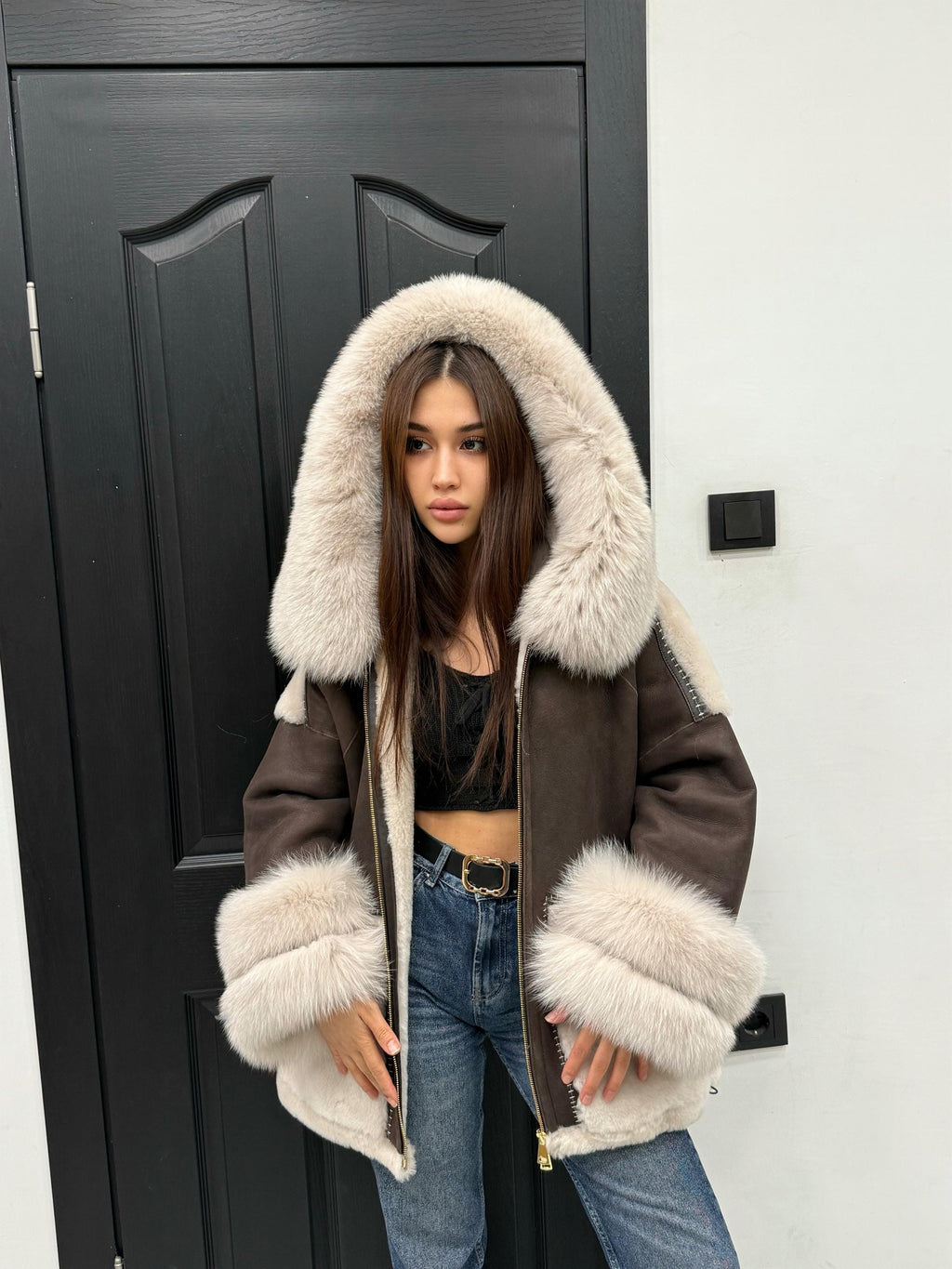 Brown & Beige Shearling Coat, Women’s Hood Cuffs Fox Fur Jacket | Women Lamb Fur Jacket