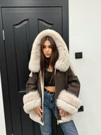 Brown & Beige Shearling Coat, Women’s Hood Cuffs Fox Fur Jacket | Women Lamb Fur Jacket