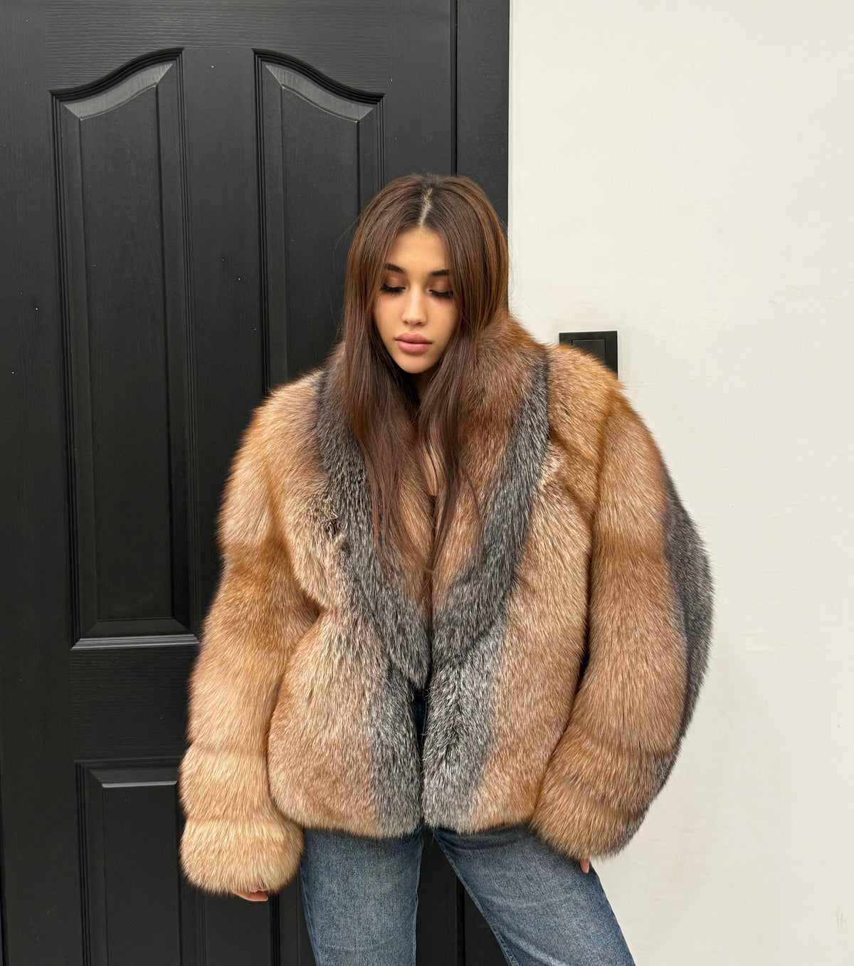 Handmade Golden Fox Fur Jacket, Women Short Winter Frost Fur Coat