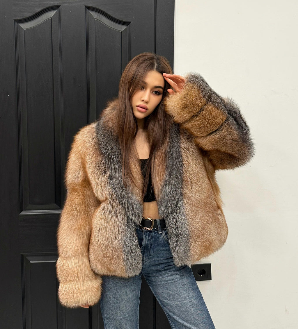 Handmade Golden Fox Fur Jacket, Women Short Winter Frost Fur Coat
