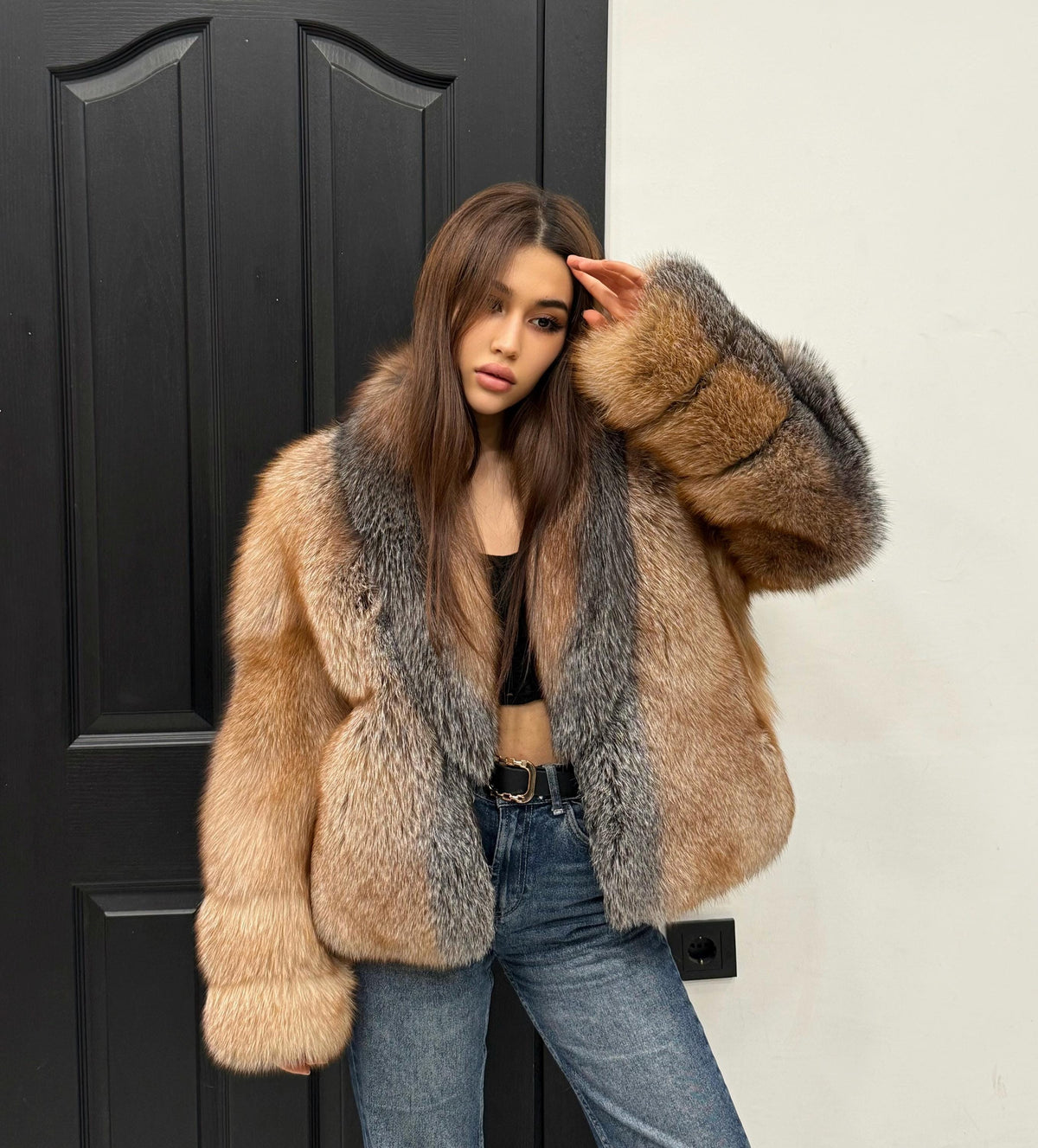 Handmade Golden Fox Fur Jacket, Women Short Winter Frost Fur Coat