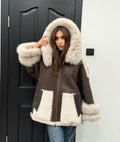 Brown & Beige Shearling Coat, Women’s Hood Cuffs Fox Fur Jacket | Women Lamb Fur Jacket