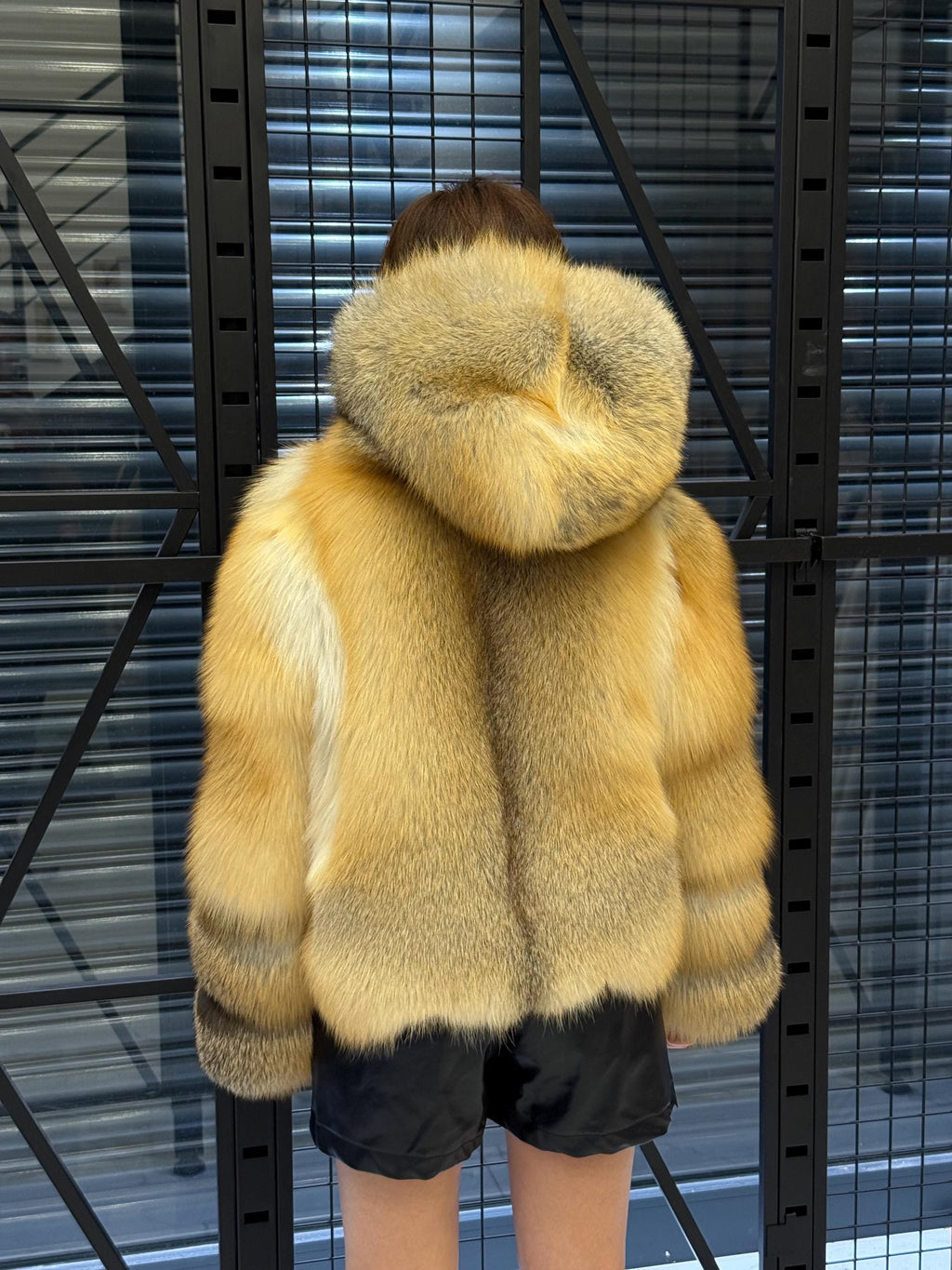 Women’s Gold Fox Fur Jacket, Handmade Short Hooded Golden Fur Coat