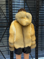 Women’s Gold Fox Fur Jacket, Handmade Short Hooded Golden Fur Coat