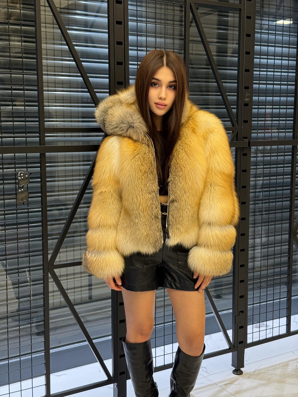 Women’s Gold Fox Fur Jacket, Handmade Short Hooded Golden Fur Coat