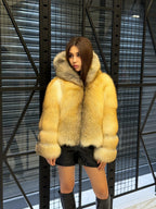 Women’s Gold Fox Fur Jacket, Handmade Short Hooded Golden Fur Coat