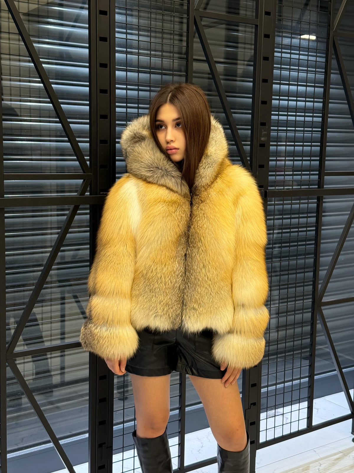 Women’s Gold Fox Fur Jacket, Handmade Short Hooded Golden Fur Coat