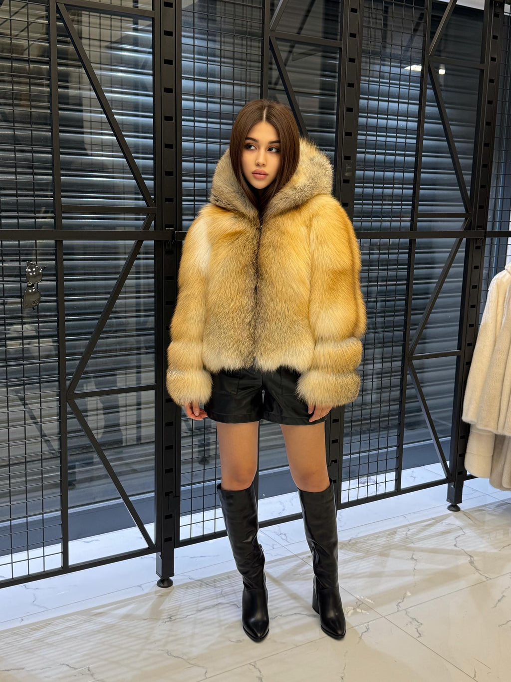 Women’s Gold Fox Fur Jacket, Handmade Short Hooded Golden Fur Coat