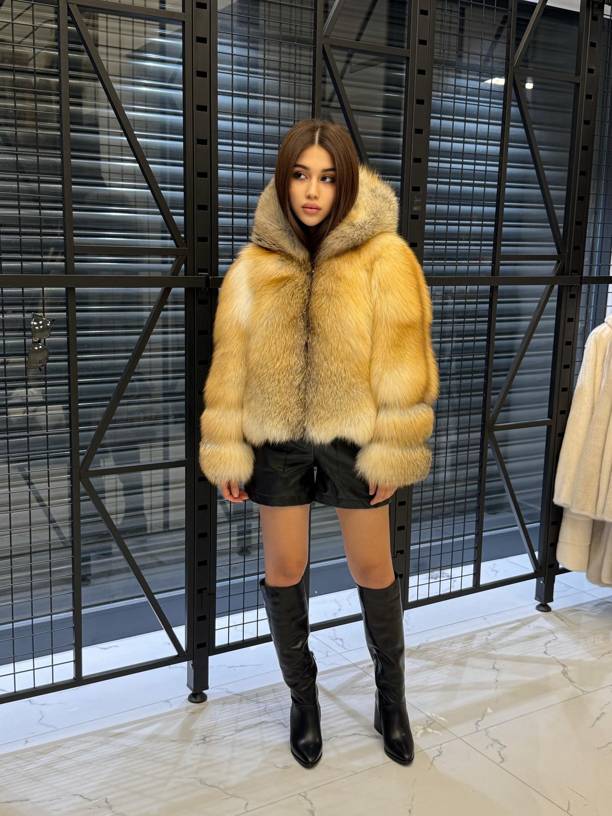 Women’s Gold Fox Fur Jacket, Handmade Short Hooded Golden Fur Coat