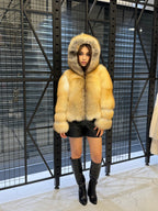 Women’s Gold Fox Fur Jacket, Handmade Short Hooded Golden Fur Coat