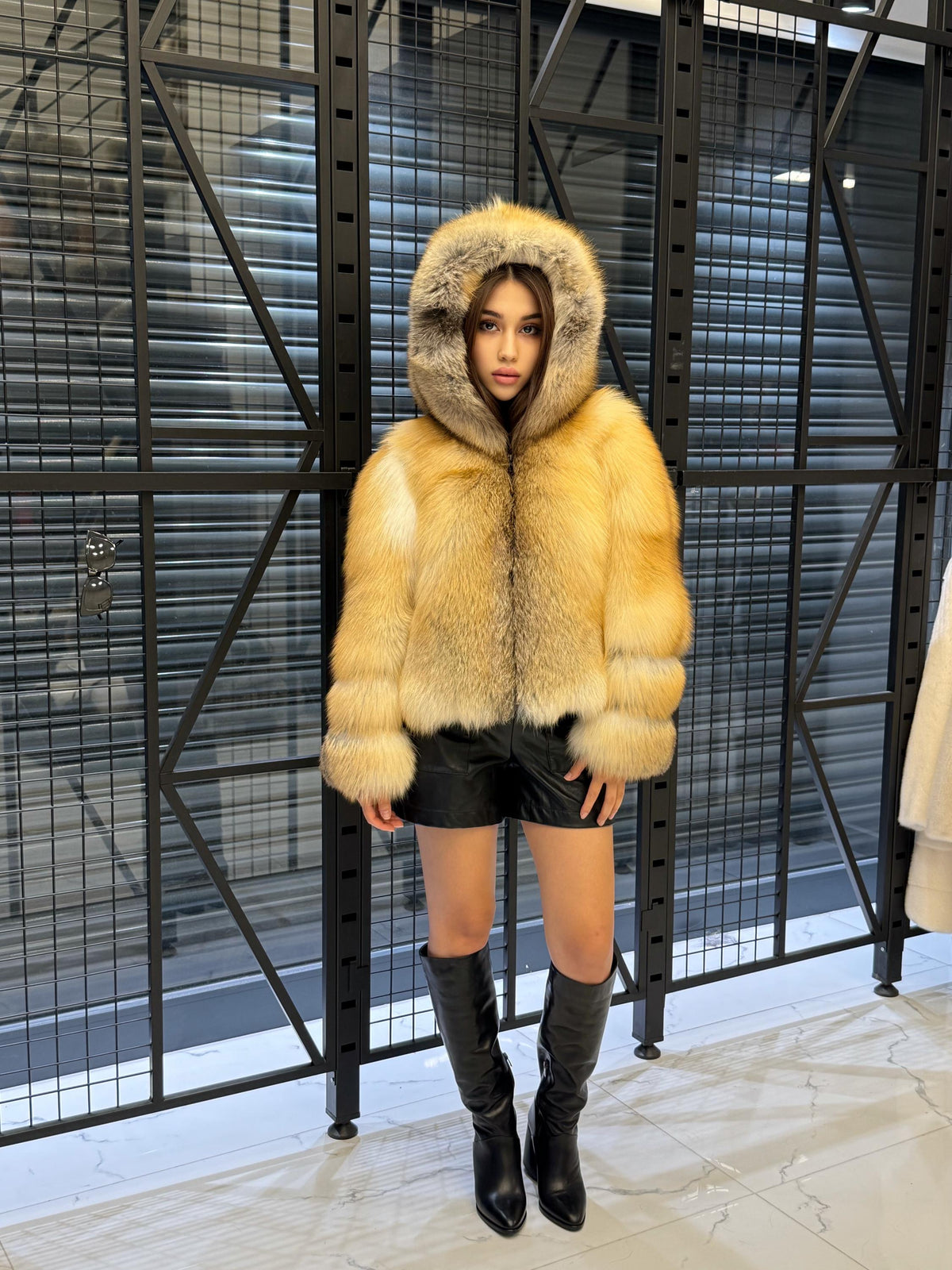 Women’s Gold Fox Fur Jacket, Handmade Short Hooded Golden Fur Coat