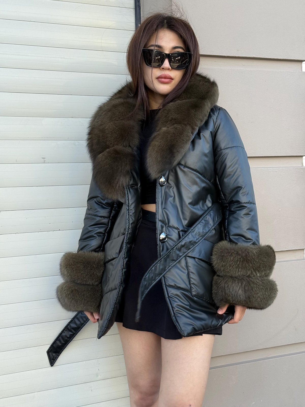 Glam Black Puffer Coat, Women’s Handmade Short Collar Cuffs Fox Fur Jacket