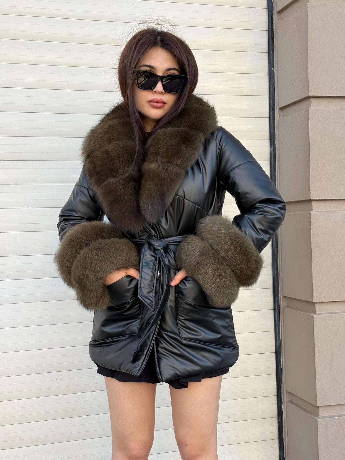 Glam Black Puffer Coat, Women’s Handmade Short Collar Cuffs Fox Fur Jacket